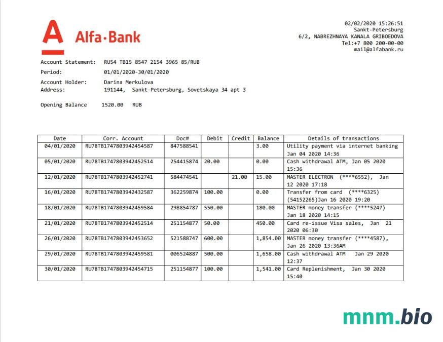 Rosja Alfa wyciąg z konta bankowego Word i PDF szablon, 2 strony